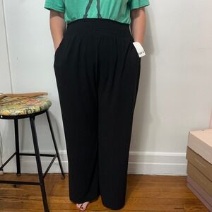 Bar III Wide Leg Pants Womens 1X Black New Smocked Waist Crepe Trousers